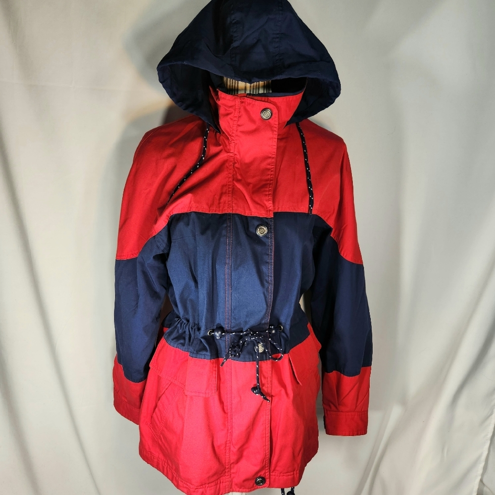Uno Momento Red & Navy Hooded Zip & Snap Coat Size Small